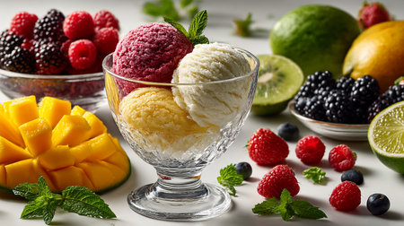 Colorful Ice Cream Delight. A vibrant display of mixed berry ice creamの素材