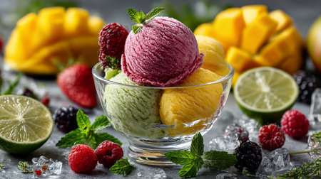 Colorful Ice Cream Delight. A vibrant display of mixed berry ice creamの素材