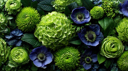 Vibrant Floral Arrangement. A lush composition of green and purple bloomsの素材