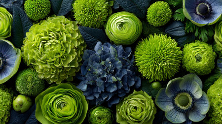 Vibrant Floral Arrangement. A lush composition of green and purple bloomsの素材