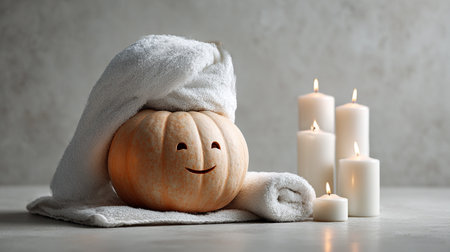 Pumpkin Spa Day. A serene pumpkin enjoying a spa with candles and towelsの素材