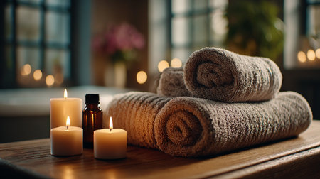 Cozy Spa Ambiance. A serene spa setting with rolled towels, candlesの素材