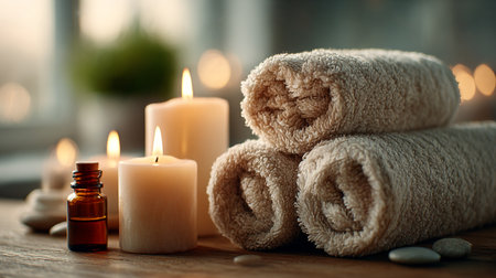 Cozy Spa Ambiance. A serene spa setting with rolled towels, candlesの素材