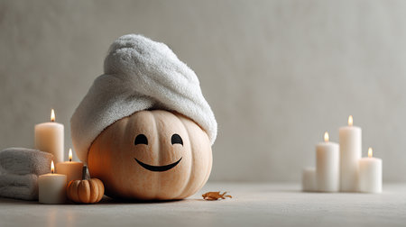 Pumpkin Spa Day. A serene pumpkin enjoying a spa with candles and towelsの素材