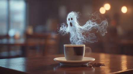 Haunted Coffee. A ghostly figure emerges from a cup of coffeeの素材