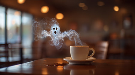 Ghostly Brew. A ghostly vapor rises from a steaming cup of coffeeの素材