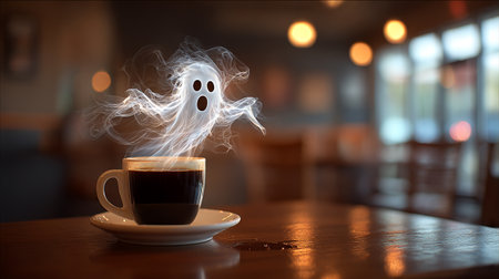 Haunted Coffee. A ghostly figure emerges from a cup of coffeeの素材