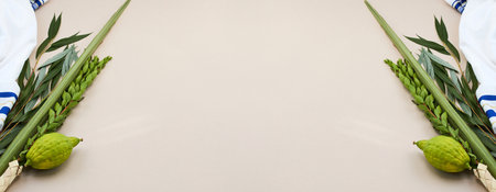 Traditional Sukkot Arrangement. A close-up of Sukkot symbols including an etrog, lulavの写真素材