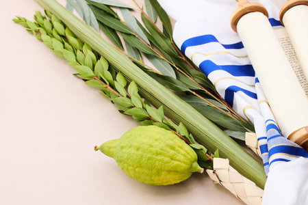 Sukkot Festival Symbols. Colorful arrangement of Sukkot symbols with a Torah scroll.の写真素材