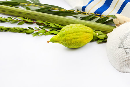 Sukkot Symbols. A composition featuring Sukkot items like an etrog, lulav, and traditional textilesの写真素材