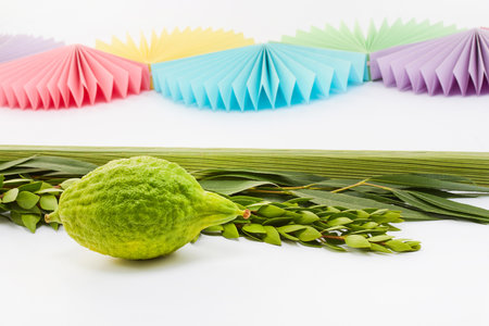 Sukkot Celebration Decor. A vibrant Sukkot setup featuring a lulav, etrogの写真素材