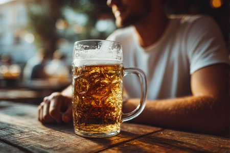 Beer in Sunlit Pub. Close-up of a beer mug on a wooden table with a blurry figureの素材