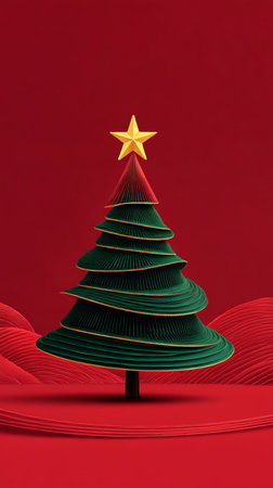 Festive Christmas Tree. A simple Christmas tree with a star on top against a red backgroundの素材
