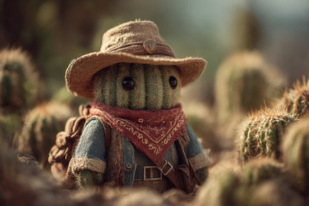 Cactus Adventurer. Cactus figure dressed as cowboy in desertの素材