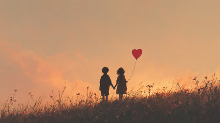 Childhood Dreams. Two children holding a heart-shaped balloon in a sunset field.の素材