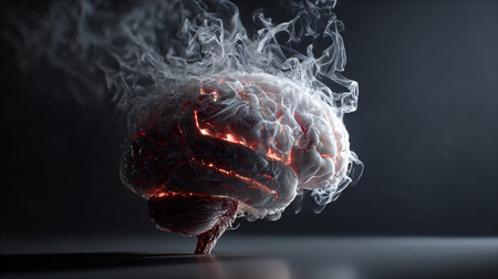 Smoking Brain. A brain emitting smoke with red glow on a dark backgroundの素材