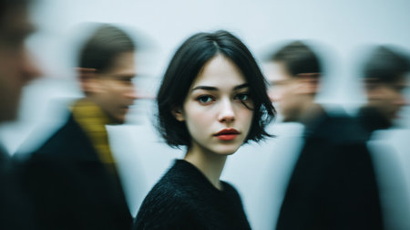 Focused Amidst Motion. A woman stands still as people blur past herの素材