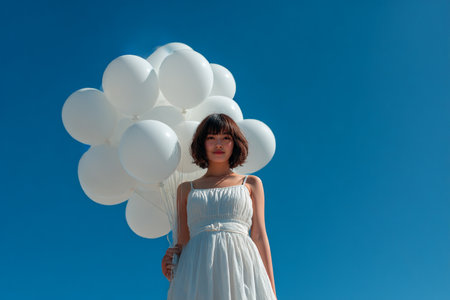 Floating Dreams. Woman in white dress holding balloons against a clear blue sky.の素材