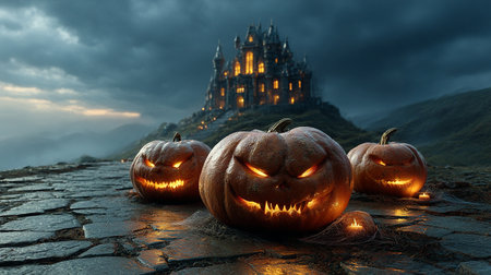 Haunted Halloween. Eerie pumpkins with glowing faces in front of a spooky castle under a stormy sky.の写真素材