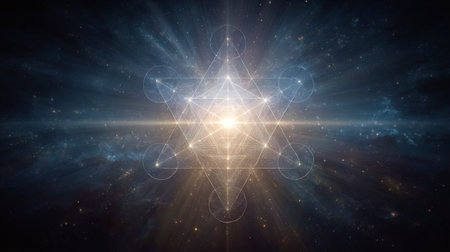 Celestial Metatrons Cube. Geometric light pattern radiating in cosmic spaceの写真素材