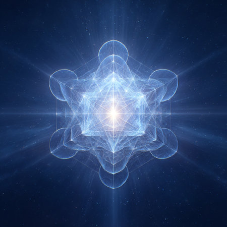 Geometric Light Mandala. A luminous geometric pattern radiating in cosmic huesの写真素材