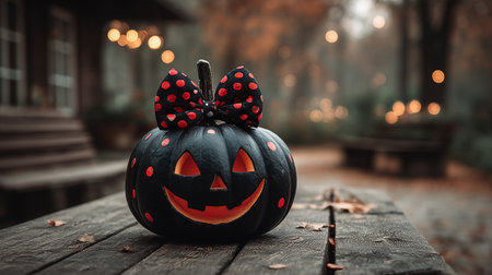Halloween Black Pumpkin. A black pumpkin with a bow and jack-o-lantern face, surrounded by candles.の写真素材