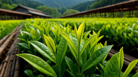 Matcha Tea Leaves. Close-up of vibrant green matcha fresh leavesの素材
