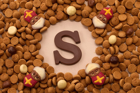 Dutch holiday Sinterklaas, St. Nicholas background with kruidnoten, pepernoten, traditional sweetsの写真素材