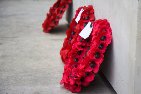 Remembrance Day Poppy Wreaths at Memorial. World War remembrance day.の写真素材