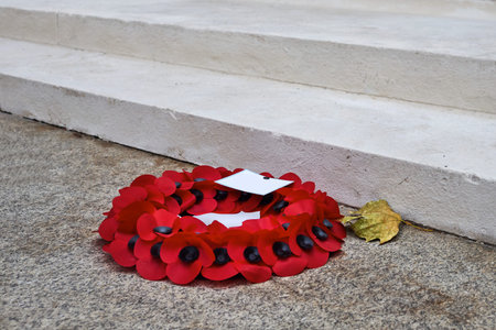 Remembrance Day Poppy Wreaths at Memorial. World War remembrance day.