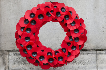 Remembrance Day Poppy Wreath Mounted on Wall. World War remembrance day.の写真素材