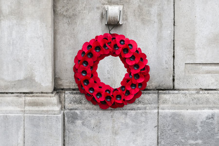 Remembrance Day Poppy Wreath Mounted on Wall. World War remembrance day.の写真素材