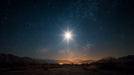 Starry Night Landscape. A bright star illuminates a tranquil night sky over a serene landscapeの素材