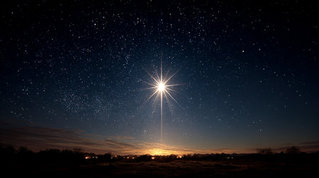 Night Sky Starburst. A brilliant starburst in a starry night over a tranquil landscape.の素材