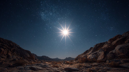 Starlit Desert Night. A starry night sky over a rocky desert landscape, illuminated by a bright star.の素材