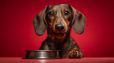 Hungry Dachshund. A dachshund eagerly awaiting food, staring at a metal bowl against a vibrant red background.の素材