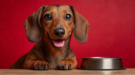 Hungry Dachshund. A dachshund eagerly awaiting food, staring at a metal bowl against a vibrant red background.の素材