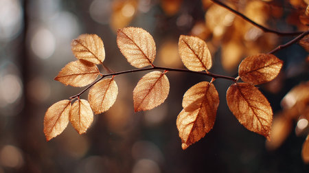 Sunlit Autumn Leaves. A branch with copper-toned leaves illuminated by warm sunlightの素材