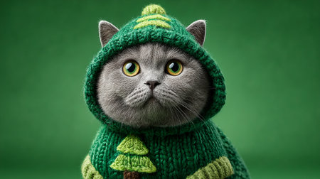 Cozy Cat in Green Sweater. A cute gray cat wearing a fluffy green sweater, set against a green background.の素材