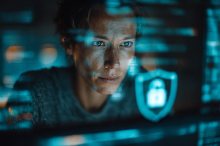 Futuristic Coding. A person focused on digital screens with holographic dataの素材