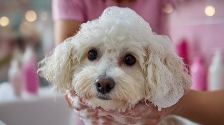 Bubbly Dog Wash. Adorable white dog getting a bath with soap bubblesの素材