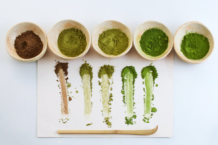 Matcha Ceremony Setup. Ceramic bowls with matcha powder and tools for a traditional tea ceremonyの写真素材
