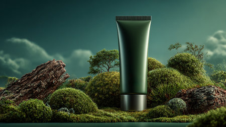 Nature-Inspired Packaging. A cosmetic tube stands amidst lush greenery and rocks, evoking a natural, serene setting.の素材