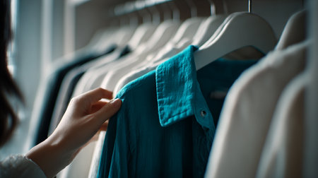 Choosing Clothes. A person selecting a blue shirt from a row of hanging clothes in a wardrobe.の素材