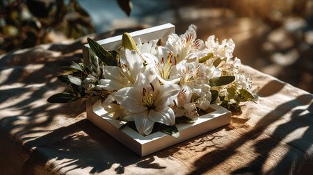 Sunlit Lilies. White lilies elegantly displayed in sunlight, casting soft shadows on a textured surface.の素材