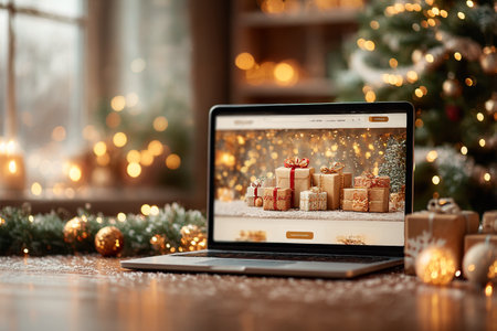 Cozy Christmas Online Shopping. A laptop showing a Christmas shopping website, surrounded by holiday decorの素材