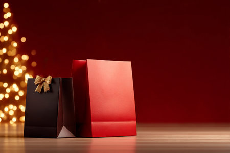 Festive Gift Bags. Two gift bags against a warm, red background beside holiday lights,の素材