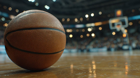 Basketball Court Focus. Close-up of a basketball on a court with blurred stadium lights and hoops in the background.の素材