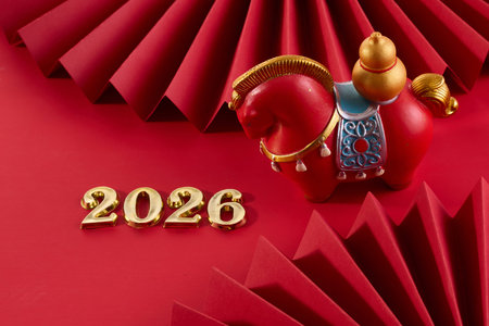 Lunar New Year 2026. New Year background. Red Decorative Horse with 2026