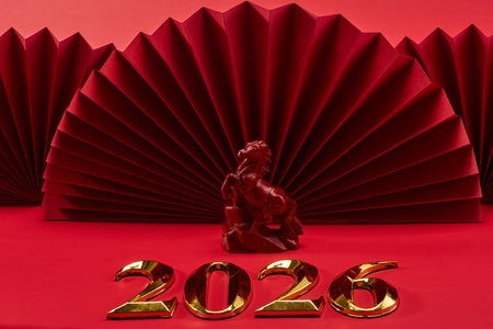 Lunar New Year 2026. New Year background. Red Origami Displayの写真素材